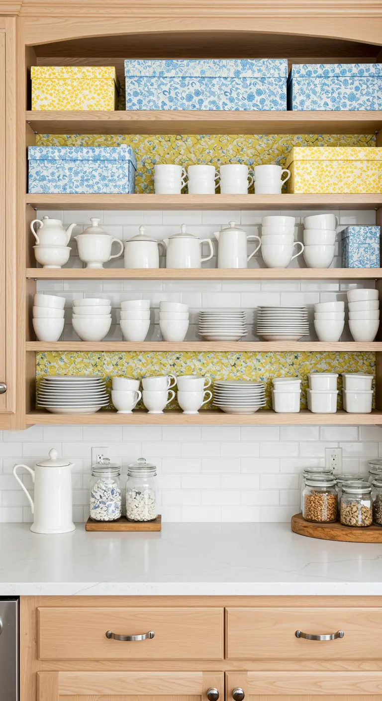 Open houten keukenkasten met wit servies en een achterwand van geel-blauw gebloemd behang.