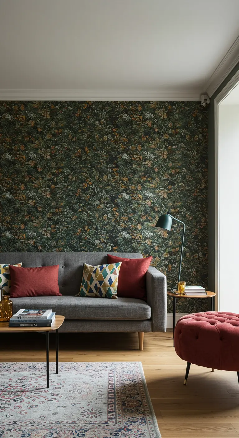 Woonkamer met accentmuur voorzien van donkergroen bloemenbehang, grijze bank en rode poef.