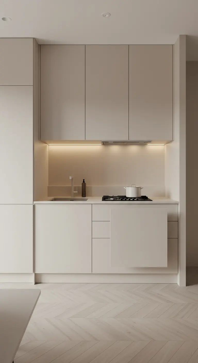 Minimalistische beige keuken met greeploze kasten en subtiele verlichting voor een serene look.