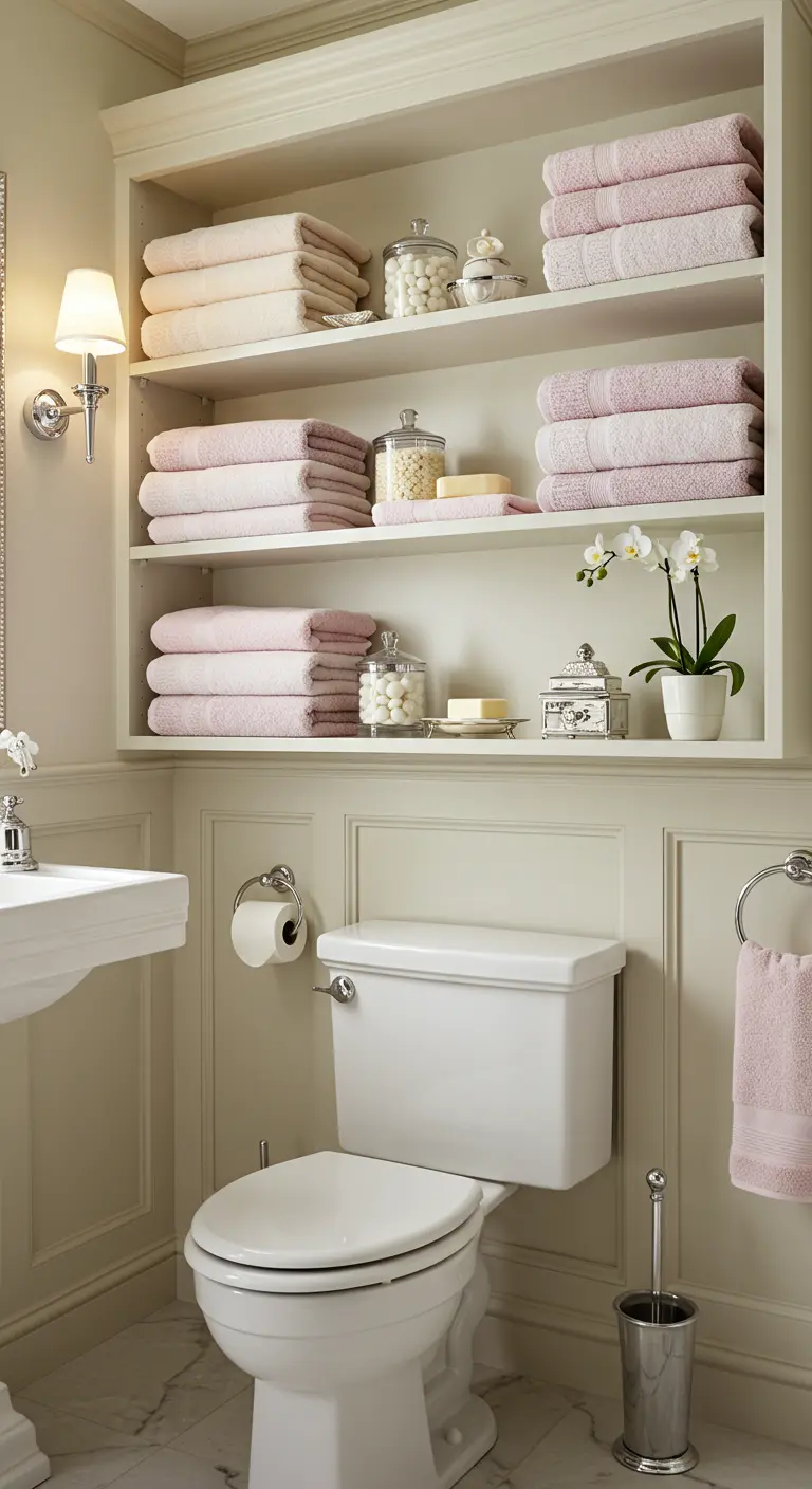 Witte open planken boven het toilet met roze handdoeken en decoratie.