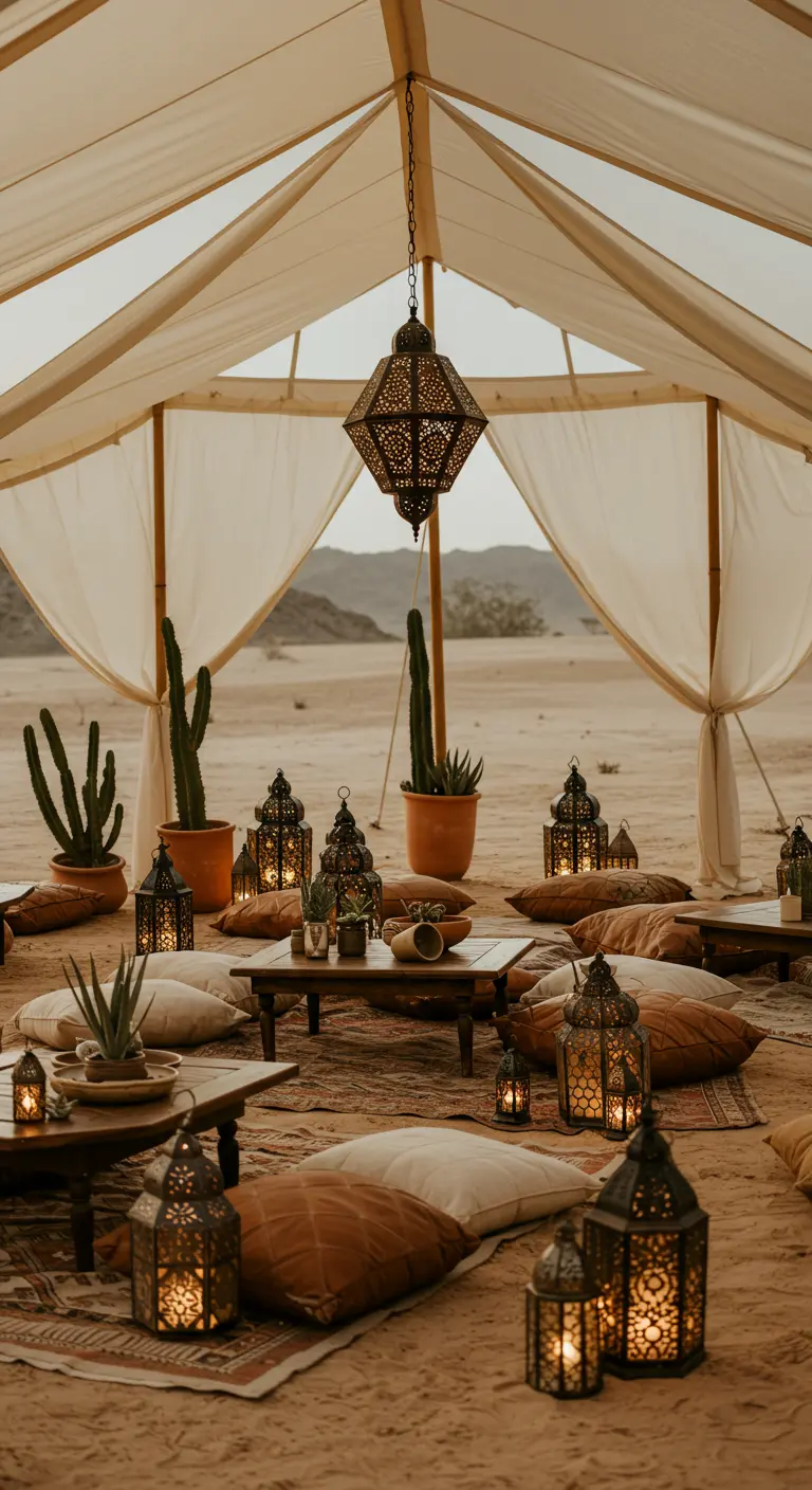 Woestijntent met lage tafels, kussens, Marokkaanse lantaarns en cactussen.