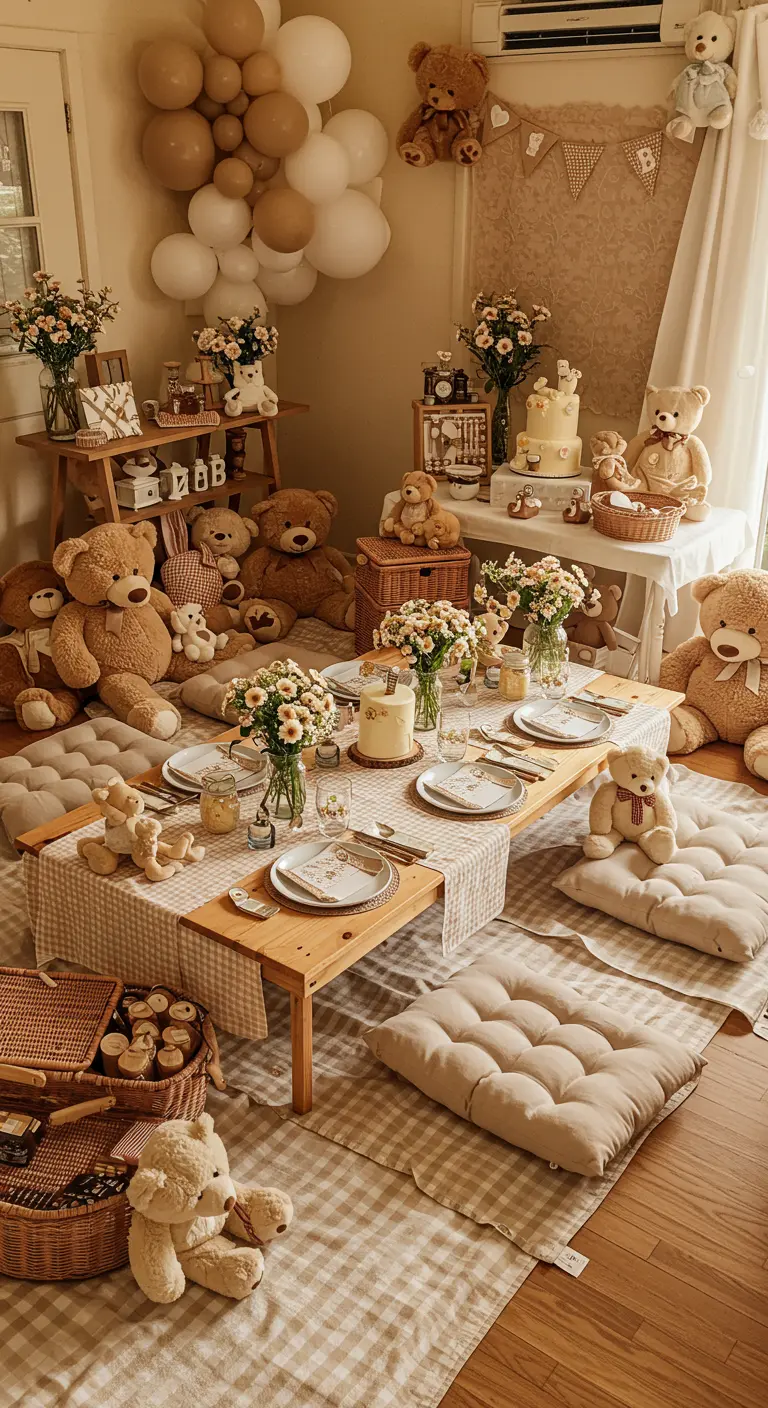 Babyshower met teddybeer picknick thema, beige tinten en ruitjesstof.