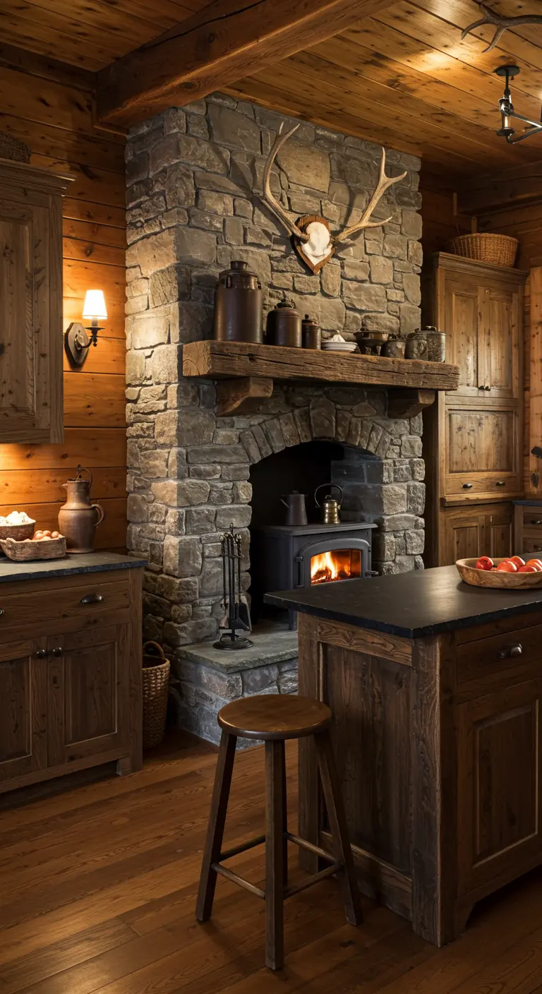 Rustieke keuken in chaletstijl met houten muren, stenen open haard en houten kookeiland.