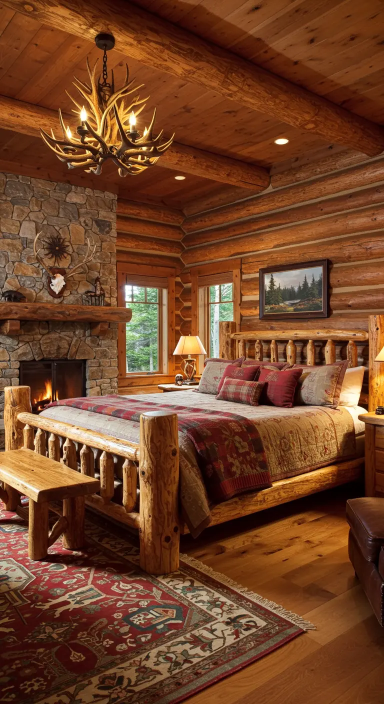 Rustieke chalet slaapkamer met bed van houtblokken, stenen open haard en gewei kroonluchter.