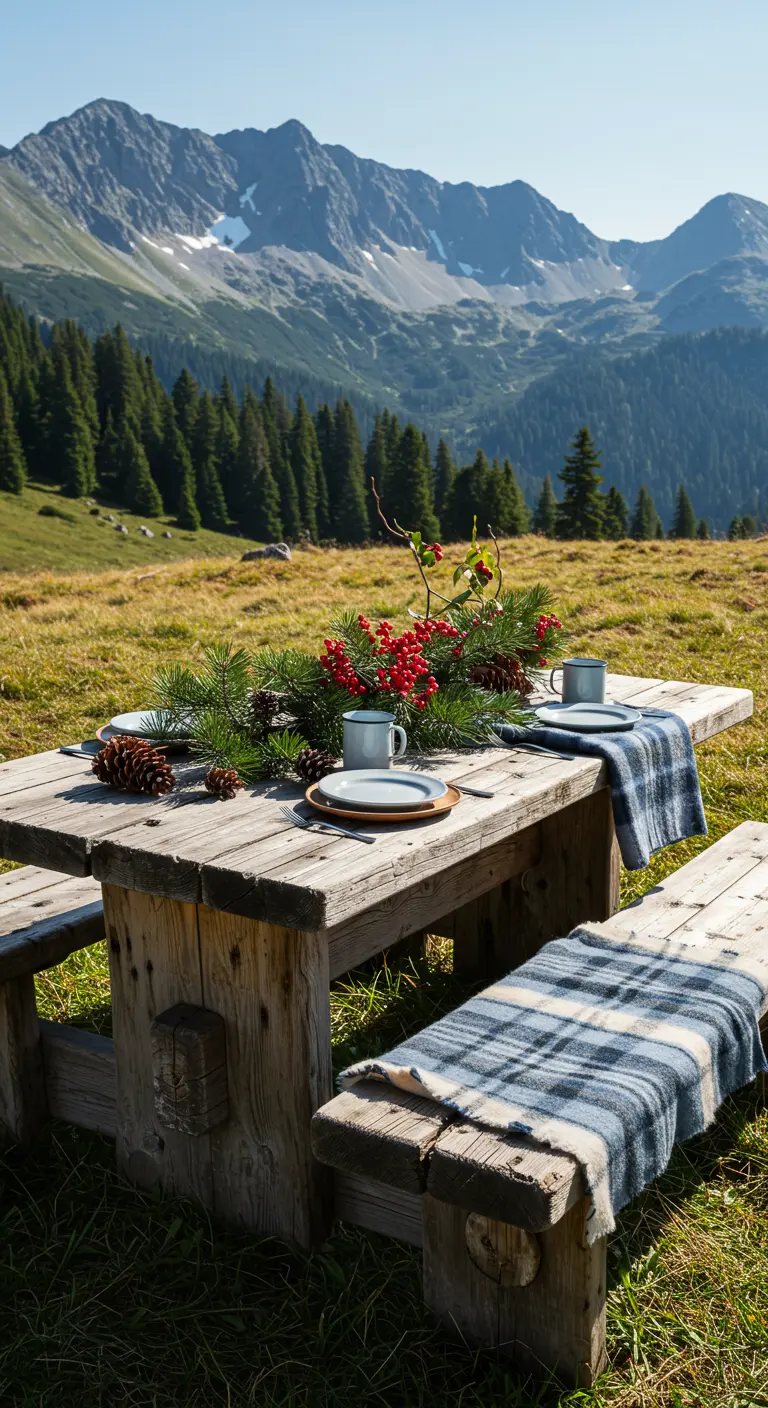 Houten picknicktafel in bergen, gedecoreerd met dennentakken, rode bessen en dennenappels.