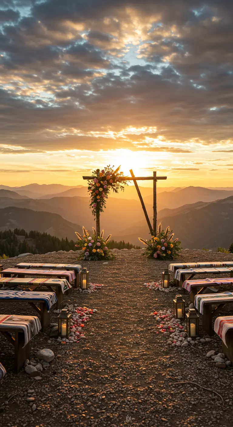 Ceremonie op bergtop met houten boog, bloemen en uitzicht bij zonsondergang.