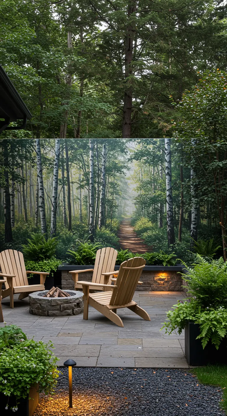 Tuinmuur met buitenbehang van een berkenbos en een vuurplaats met houten stoelen.