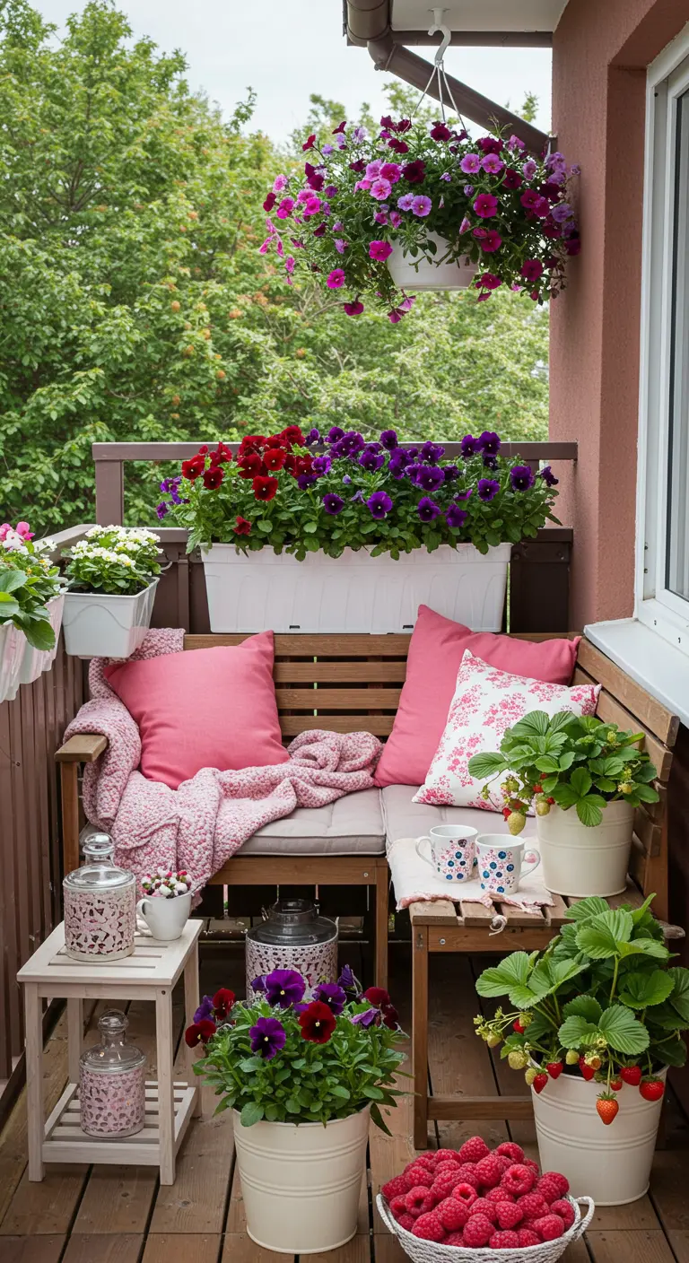 Kleurrijk balkon met houten bankje, roze en rode kussens, en veel bloemen in bessentinten.