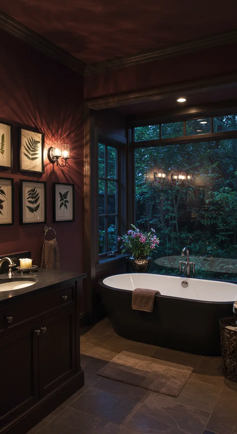 Donkerrode badkamer met groot raam, botanische prints en klassieke meubels.