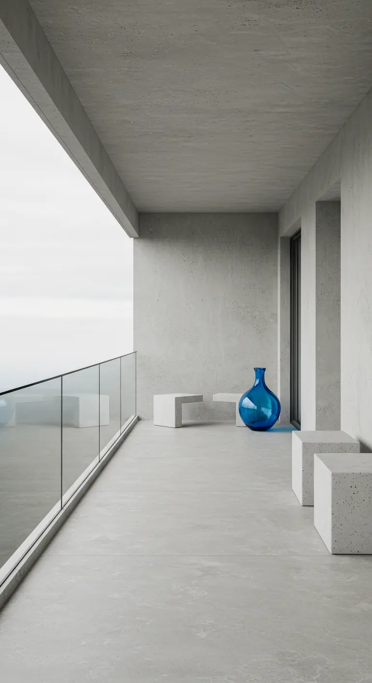Minimalistisch betonnen balkon met glazen balustrade, witte zitblokken en een grote blauwe glazen vaas.
