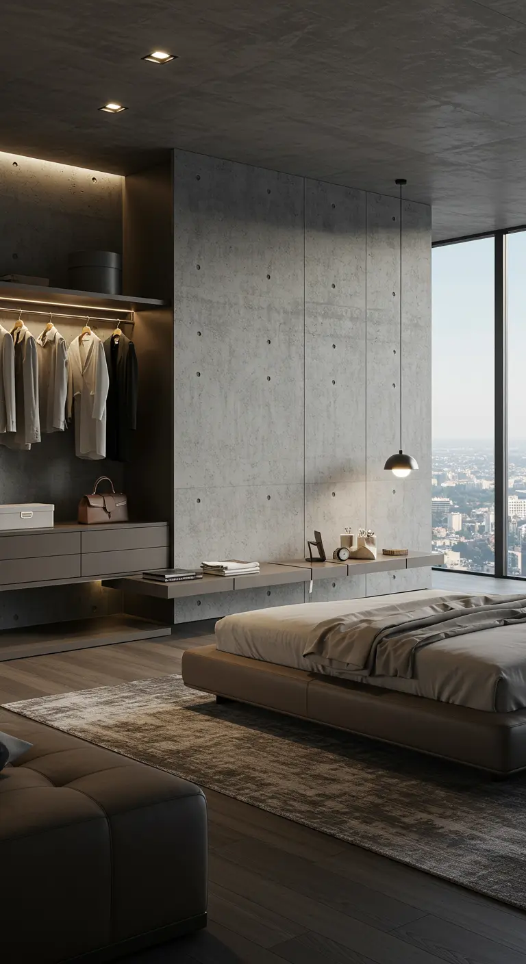 Moderne industriële slaapkamer met open kast tegen betonmuur en zwevend nachtkastje.
