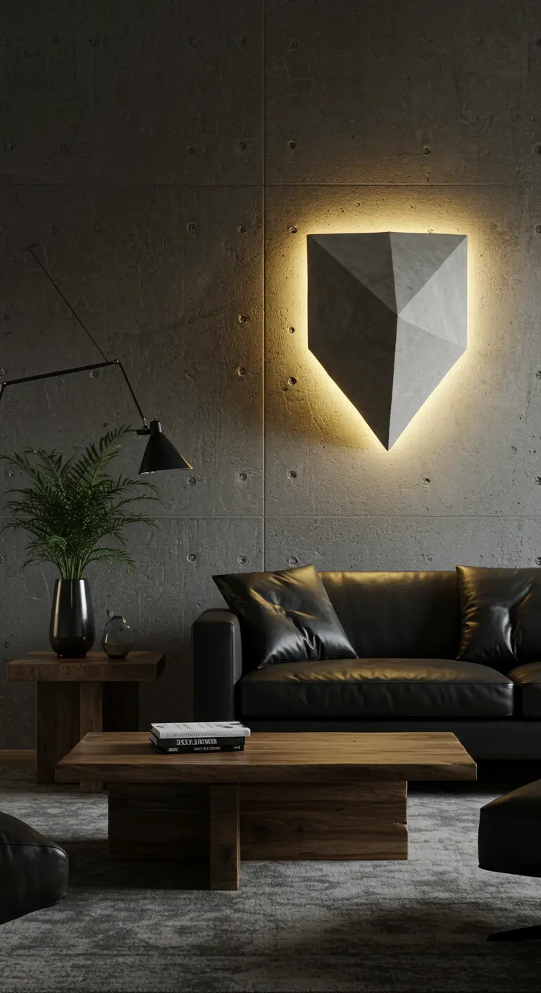 Industriële woonkamer met betonnen muur en een geometrische betonnen wandlamp.