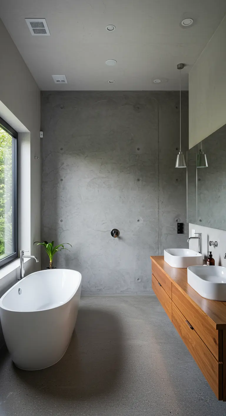 Moderne badkamer met betonnen muren, vrijstaand bad bij raam en houten meubel.