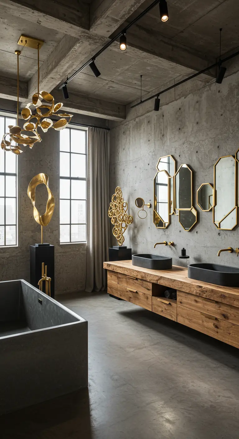 Industriële badkamer met betonnen muren, gouden kunstwerken, spiegels en zwarte waskommen.