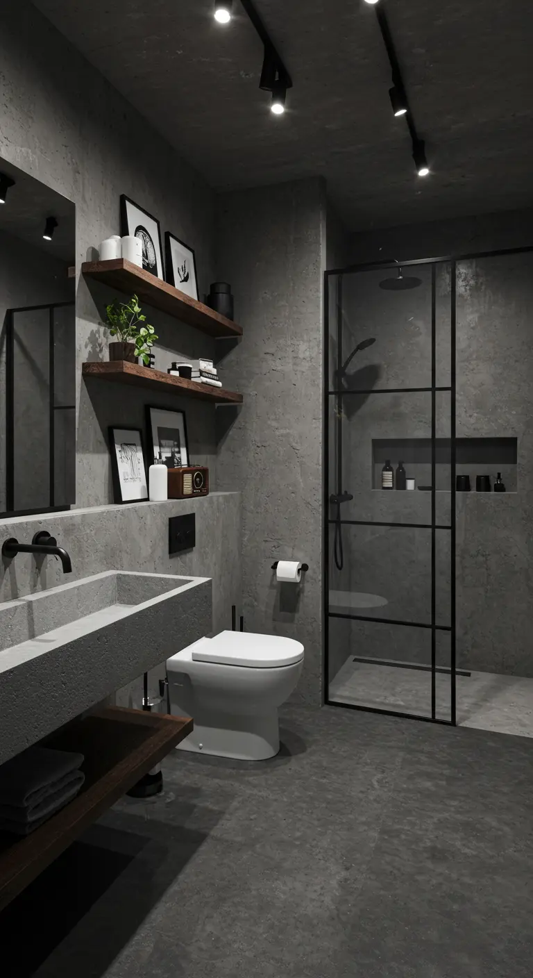 Moderne badkamer met betonnen muren, houten planken en zwarte inloopdouche.