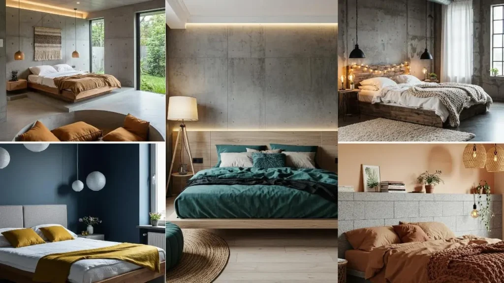Collage van slaapkamerontwerpen met beton en zachte elementen: bedden, textiel en betonmuren.