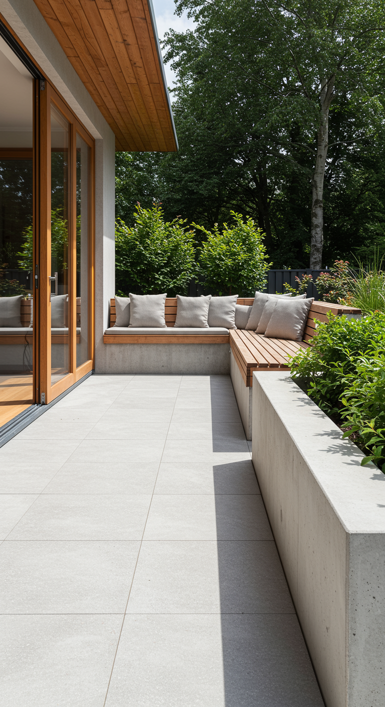 Terras met een ingebouwde betonnen hoekbank met houten zitting en beige kussens.