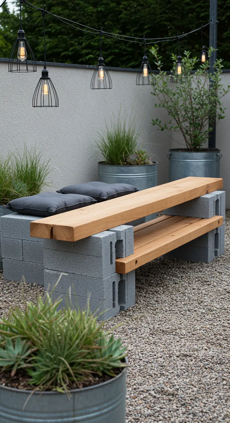 DIY-bank van betonblokken en houten planken met industriële hanglampen erboven.