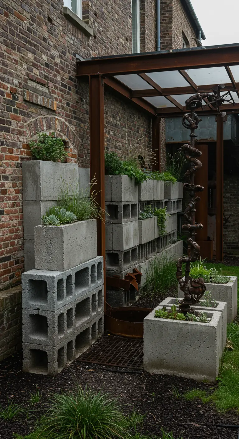 Industriële tuin met gestapelde betonnen blokken als plantenbakken en roestig metalen sculptuur.