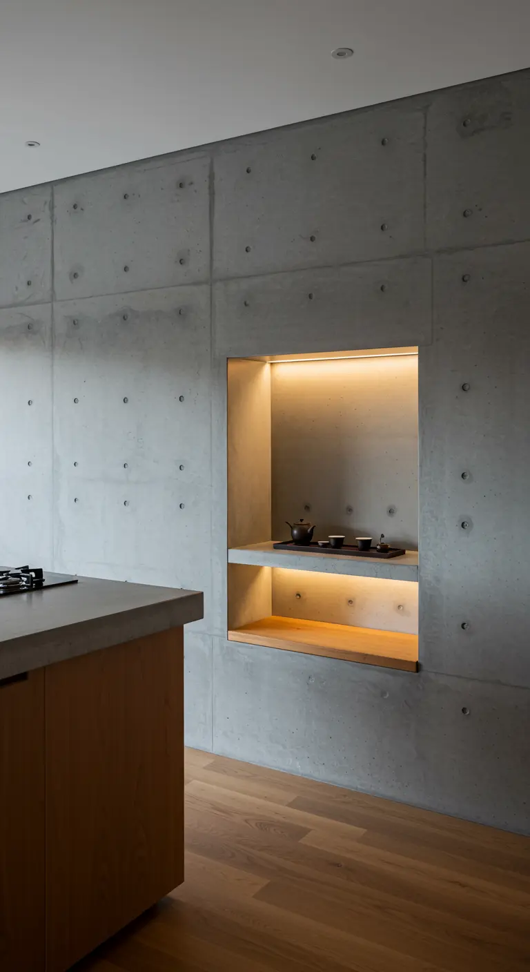 Modern theehoekje in een betonnen muur met verlichte houten nis.