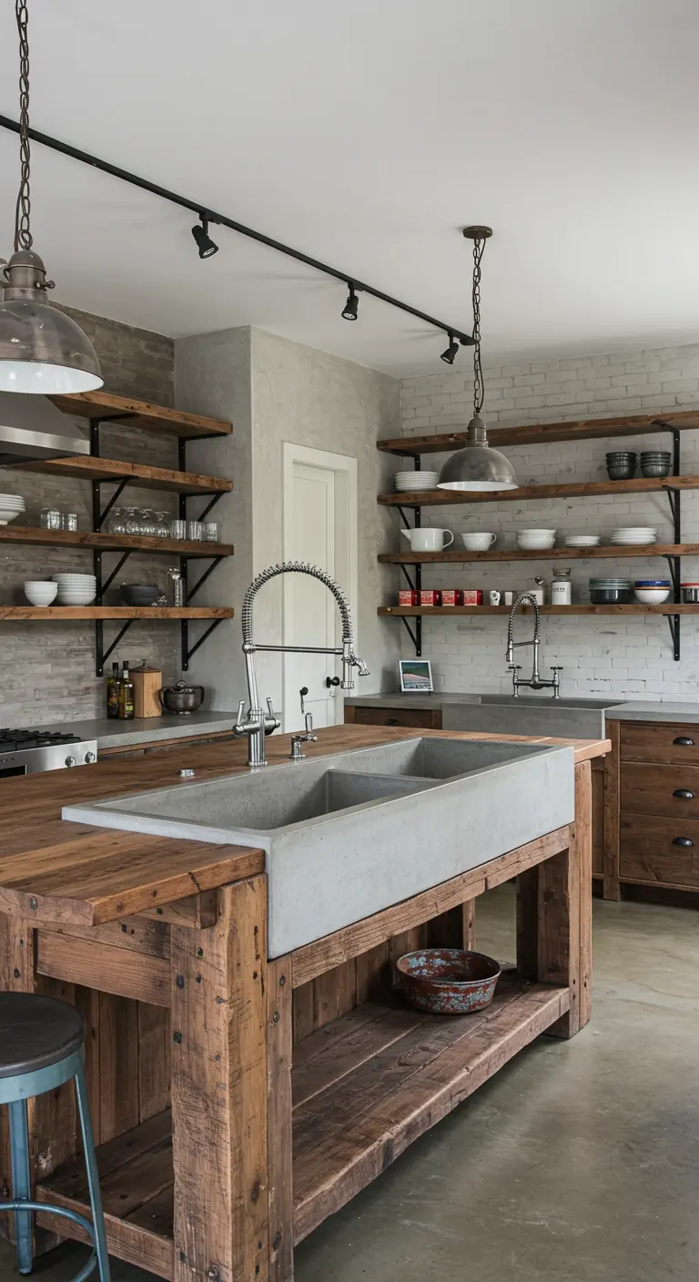 Landelijke keuken met een grote, dubbele betonnen spoelbak in een houten eiland.