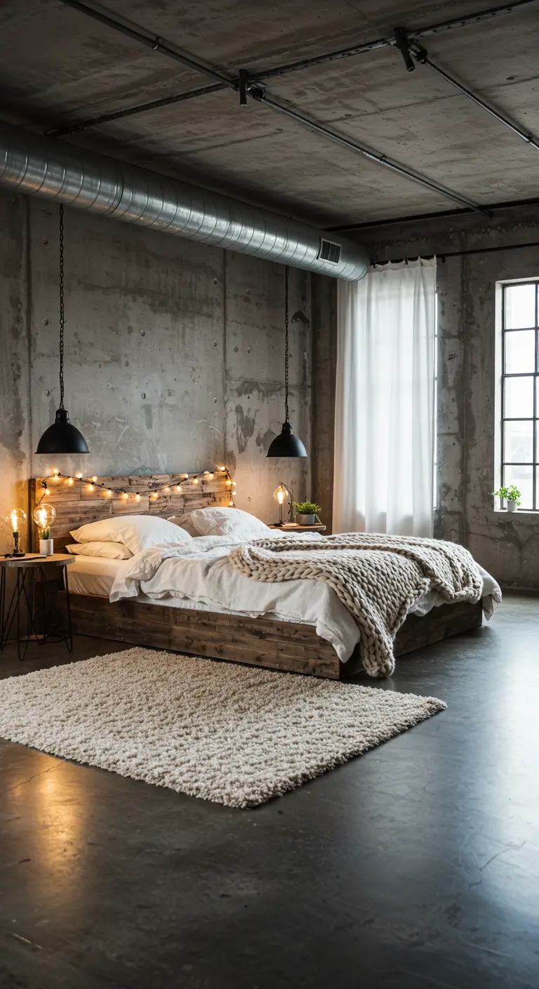 Industriële slaapkamer met betonwand, houten bed en warme verlichting.
