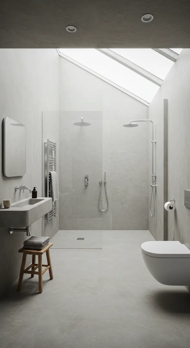 Minimalistische badkamer met betonlook muren en vloer, en dakramen voor daglicht.