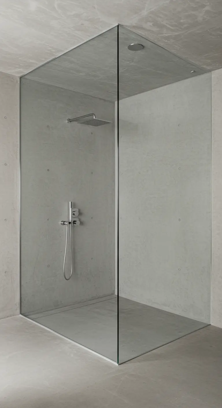 Minimalistische badkamer met betonnen muren en frameloze glazen hoekdouche.