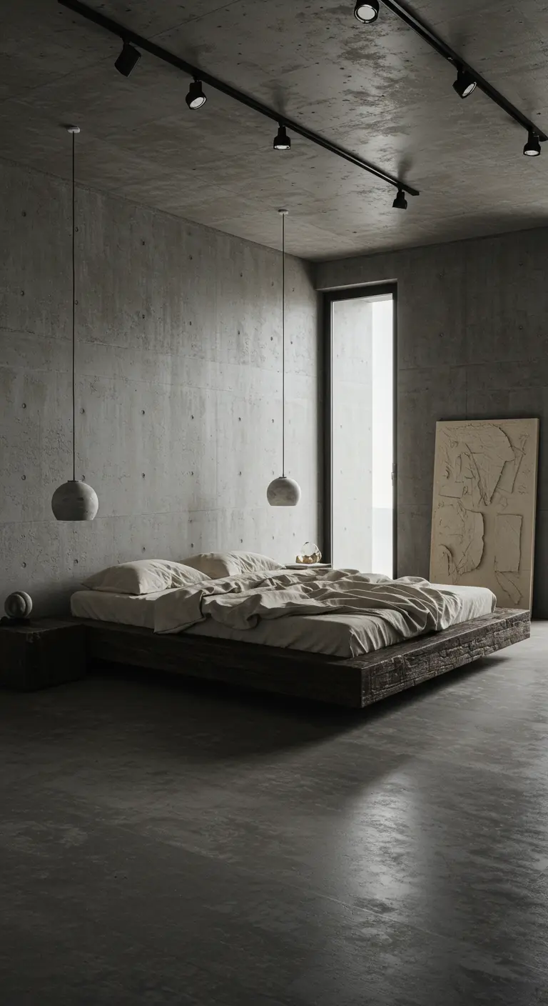 Minimalistische slaapkamer met betonnen muren en een laag houten platformbed in het midden.