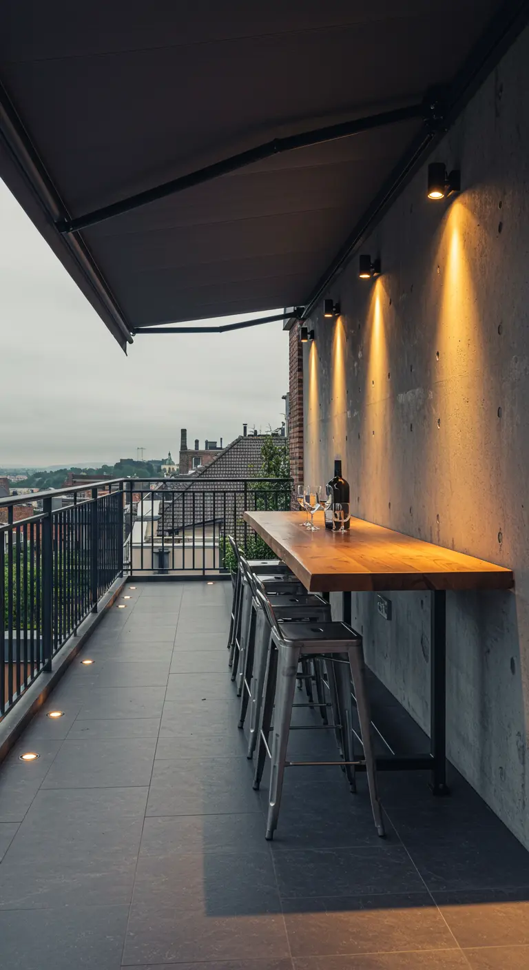 Balkon met betonnen muur, houten bartafel, metalen krukken en luifel.