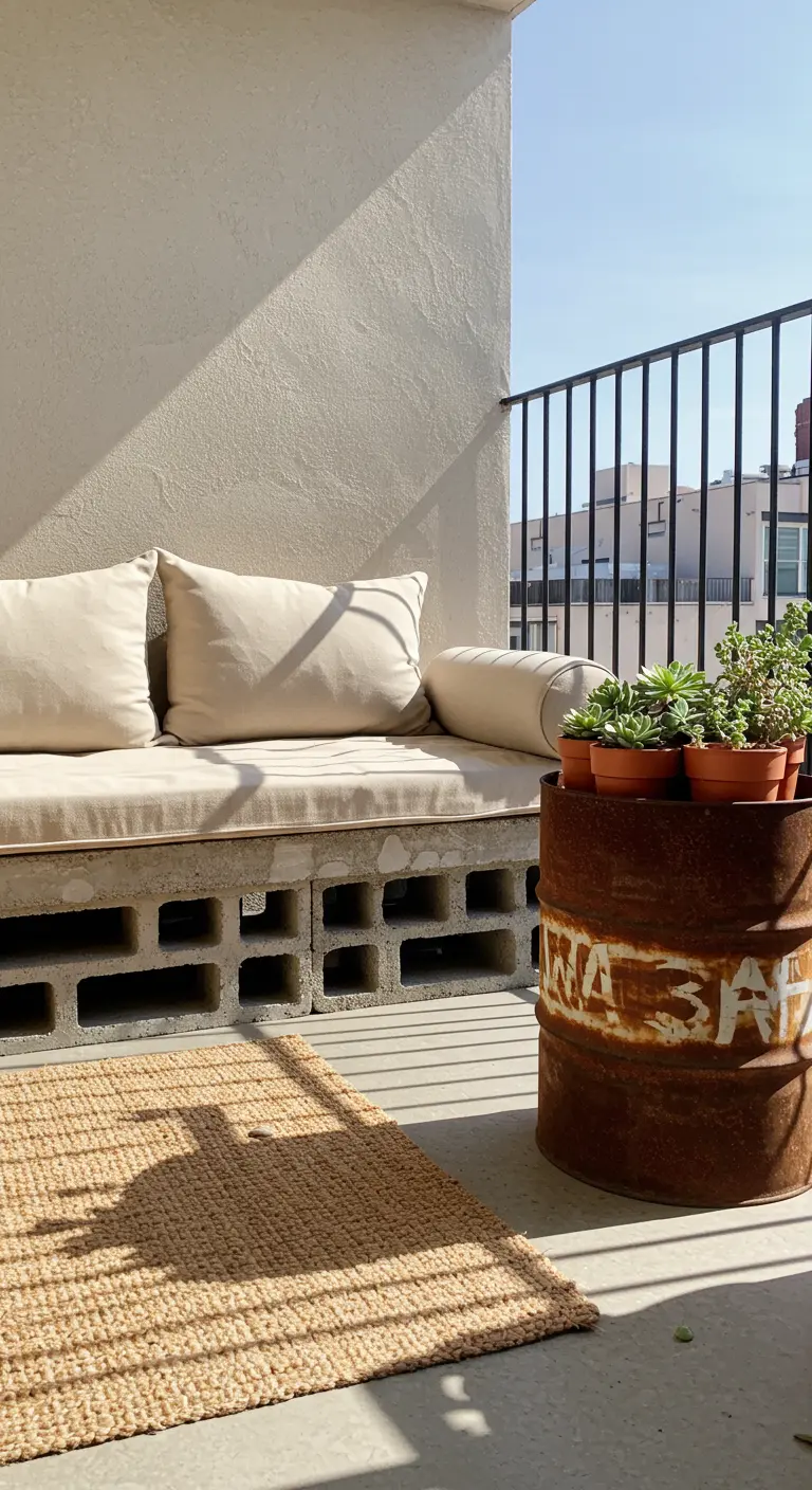 DIY loungebank van betonblokken met beige kussens en roestige ton als plantenbak.