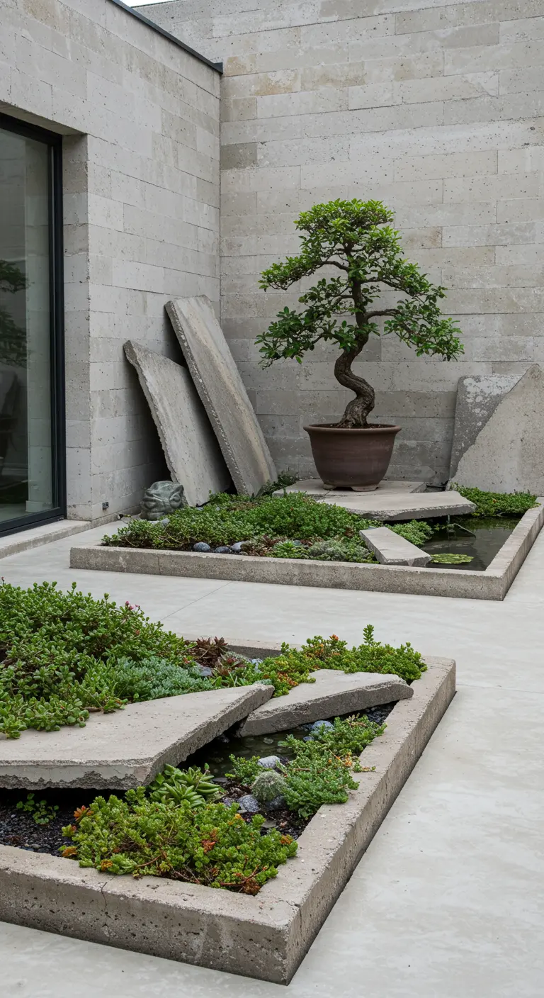 Tuinlandschap met gebroken betonnen platen die plantenbedden en een waterpartij omringen, met bonsai boom.