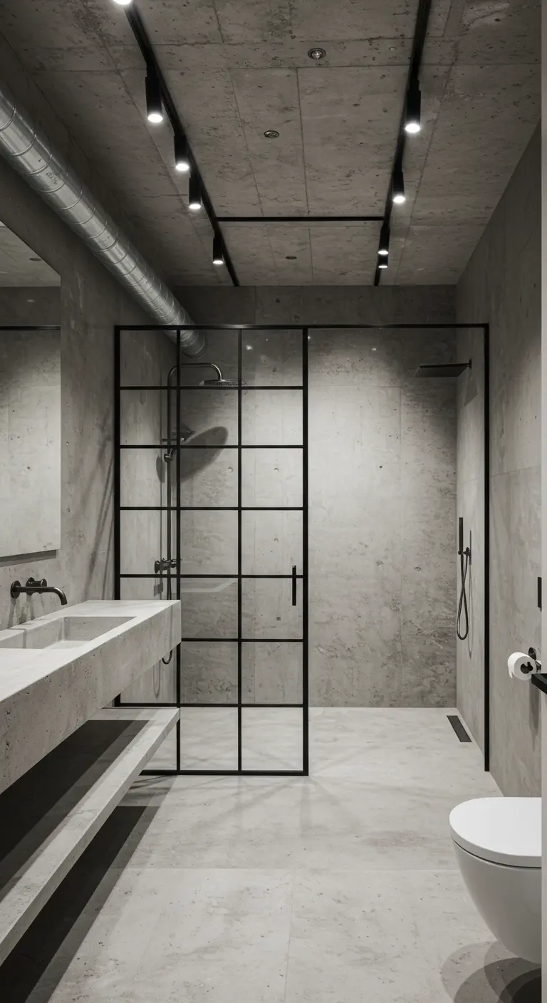 Industriële badkamer met betonlook, inloopdouche met zwart stalen frame en trackspots.