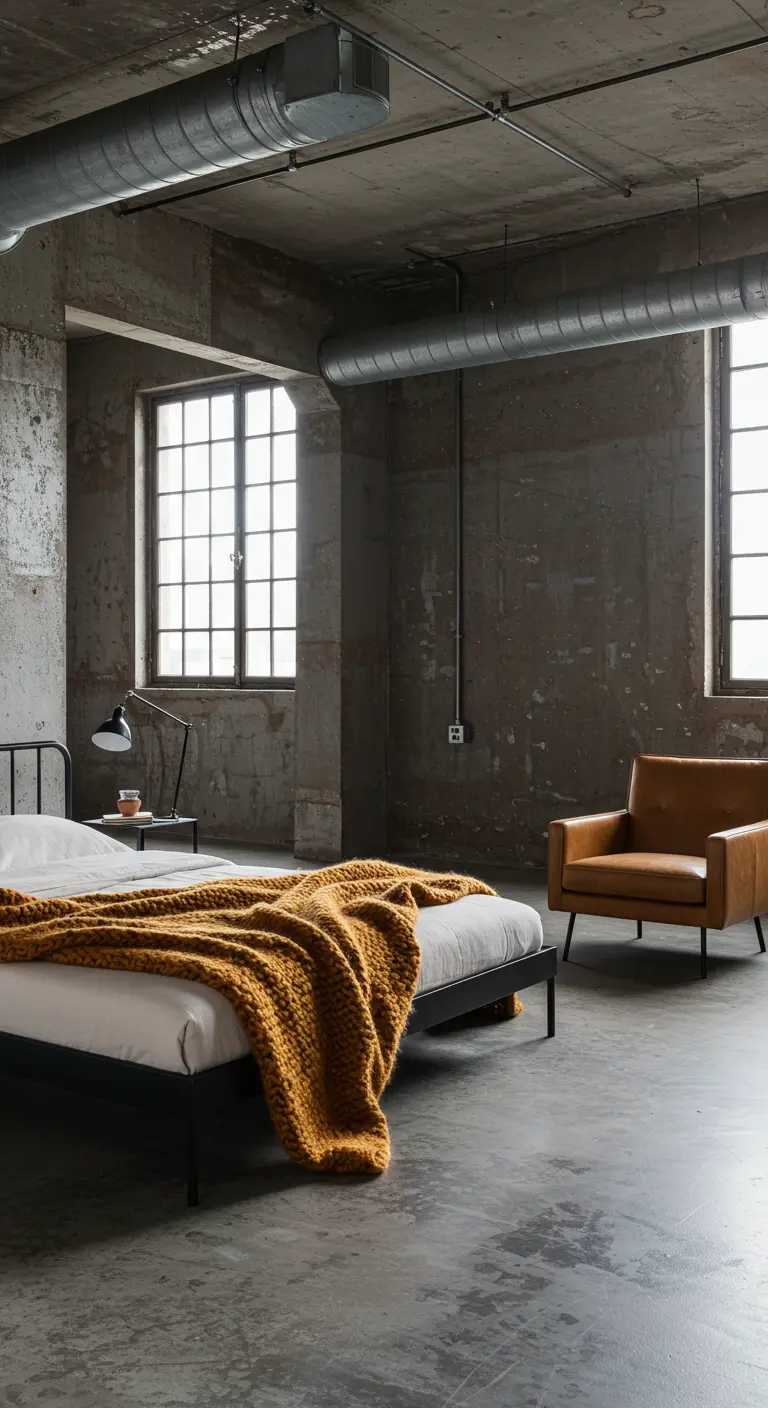 Industriële slaapkamer met betonnen muren en een okergeel gebreid deken.