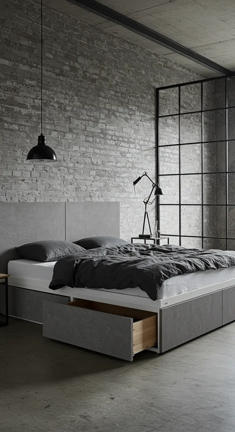 Bedframe met een grijze betonlook afwerking en opberglades, industriële stijl.