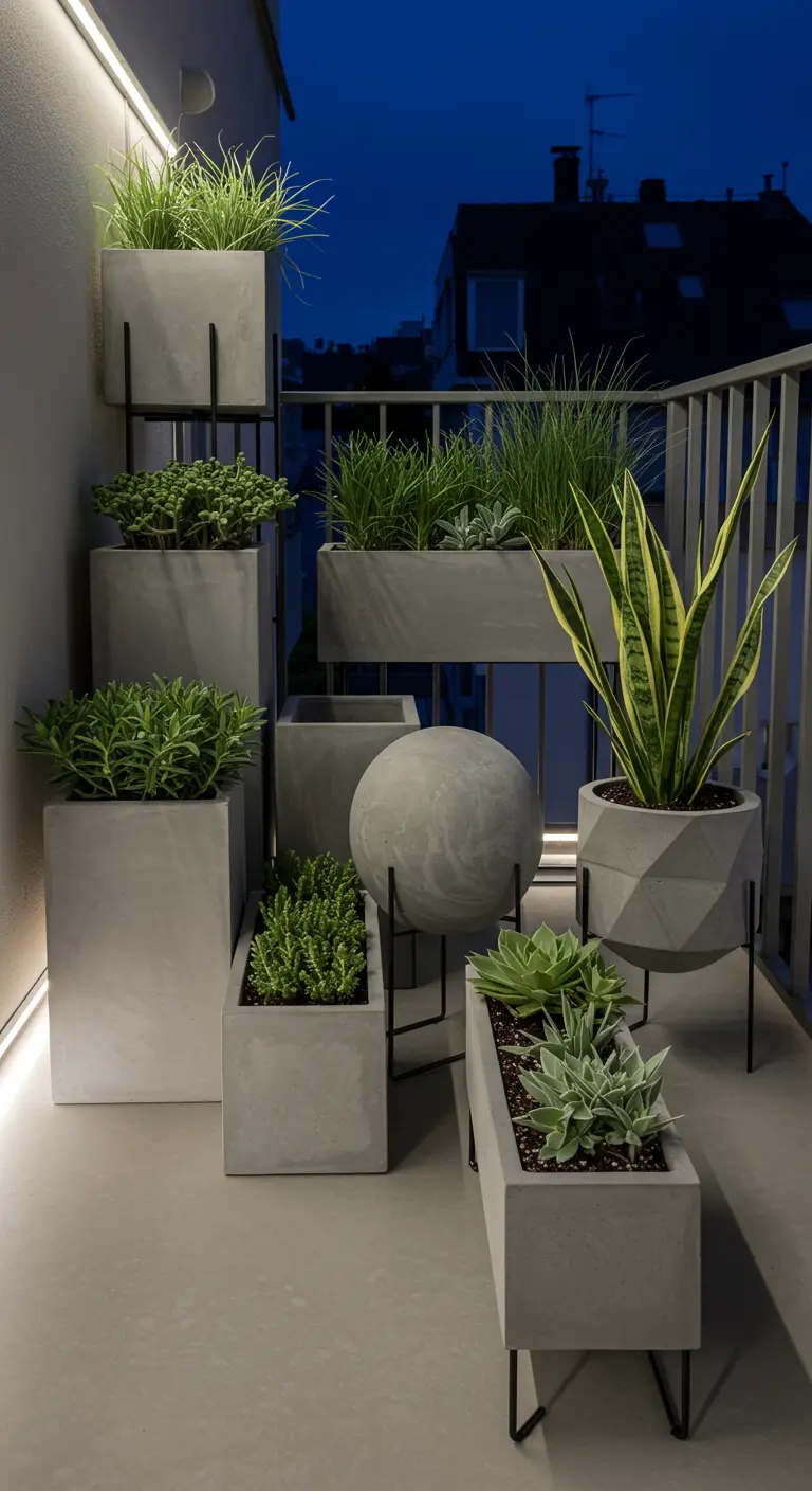 Grijze betonnen plantenbakken in verschillende vormen en maten op een modern balkon bij avondlicht.
