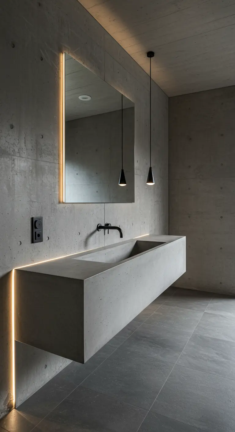 Minimalistische zwevende betonnen wasbak in een donkere badkamer.