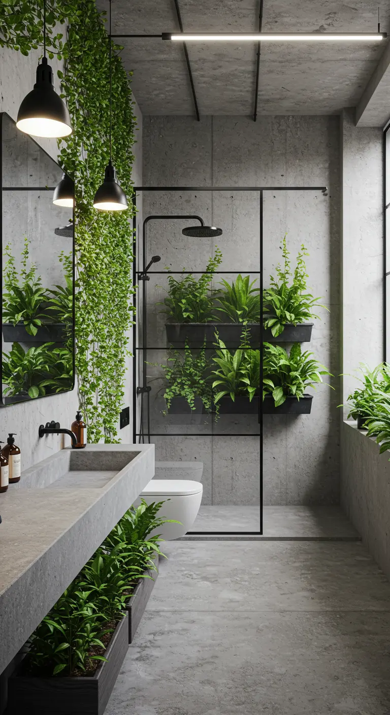 Moderne badkamer van beton met ingebouwde plantenbakken en hangplanten