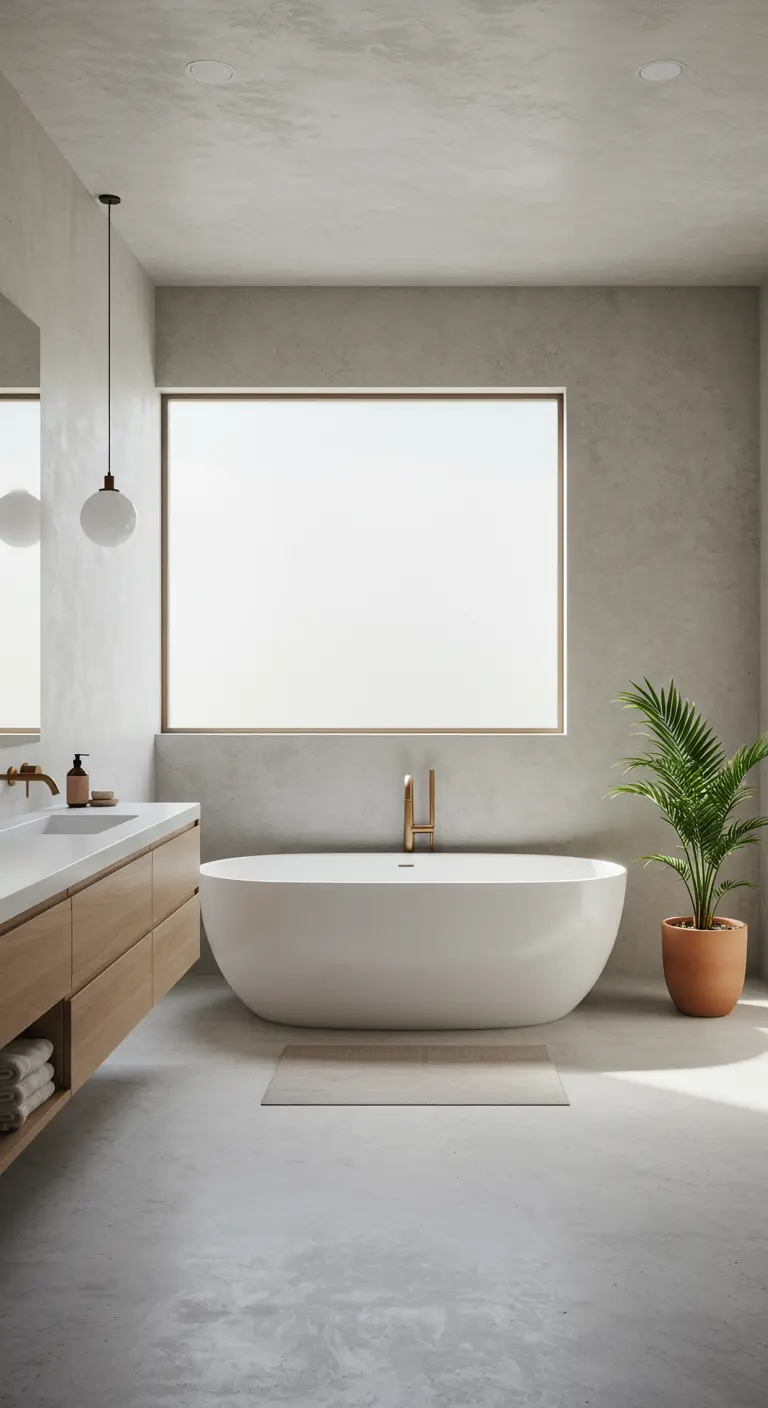 Minimalistische badkamer met betonlook muren, houten wastafelmeubel en grote plant.