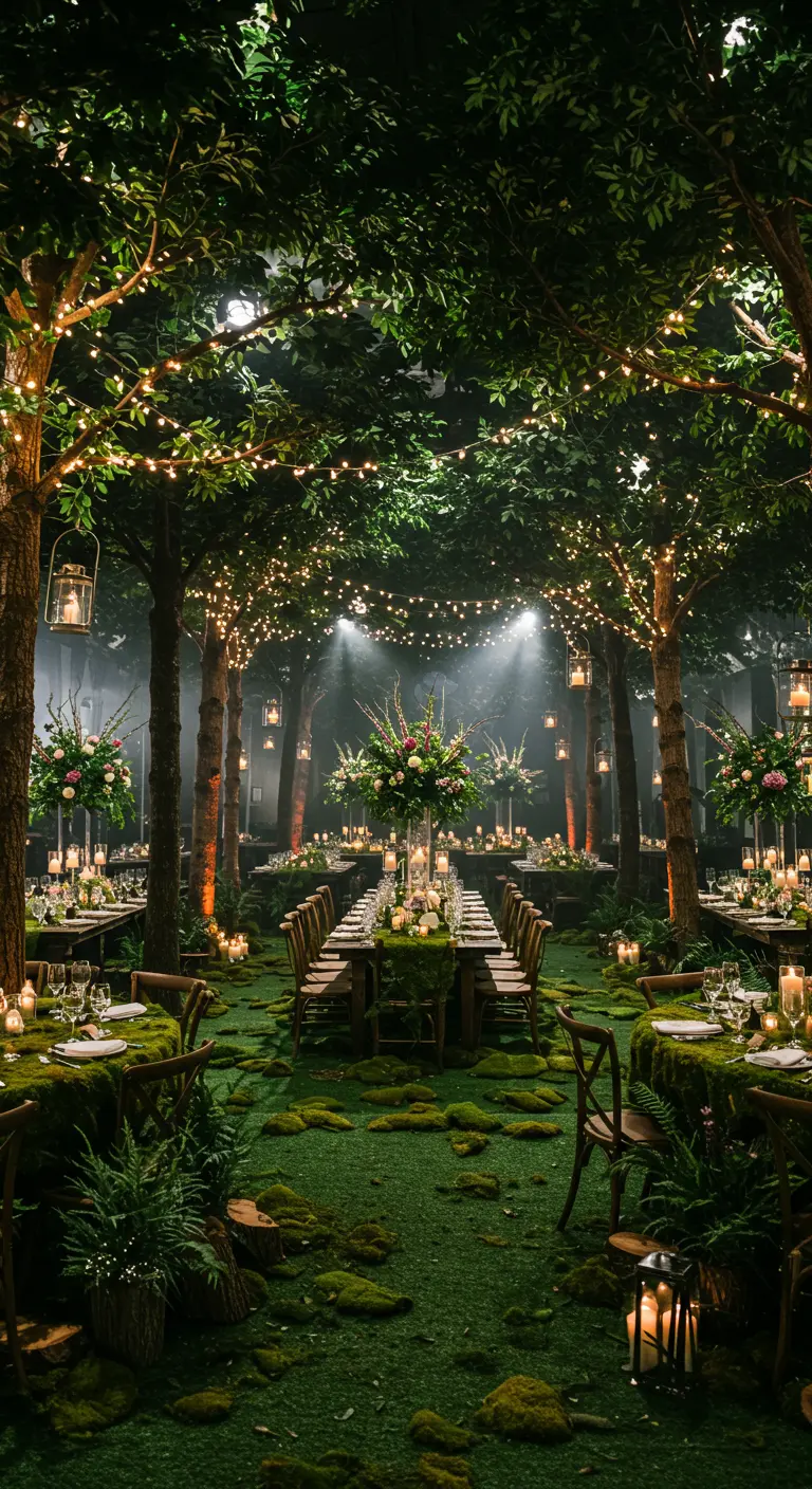 Binnenlocatie getransformeerd tot een bos met bomen, mos, lichtslingers en gedekte tafels.