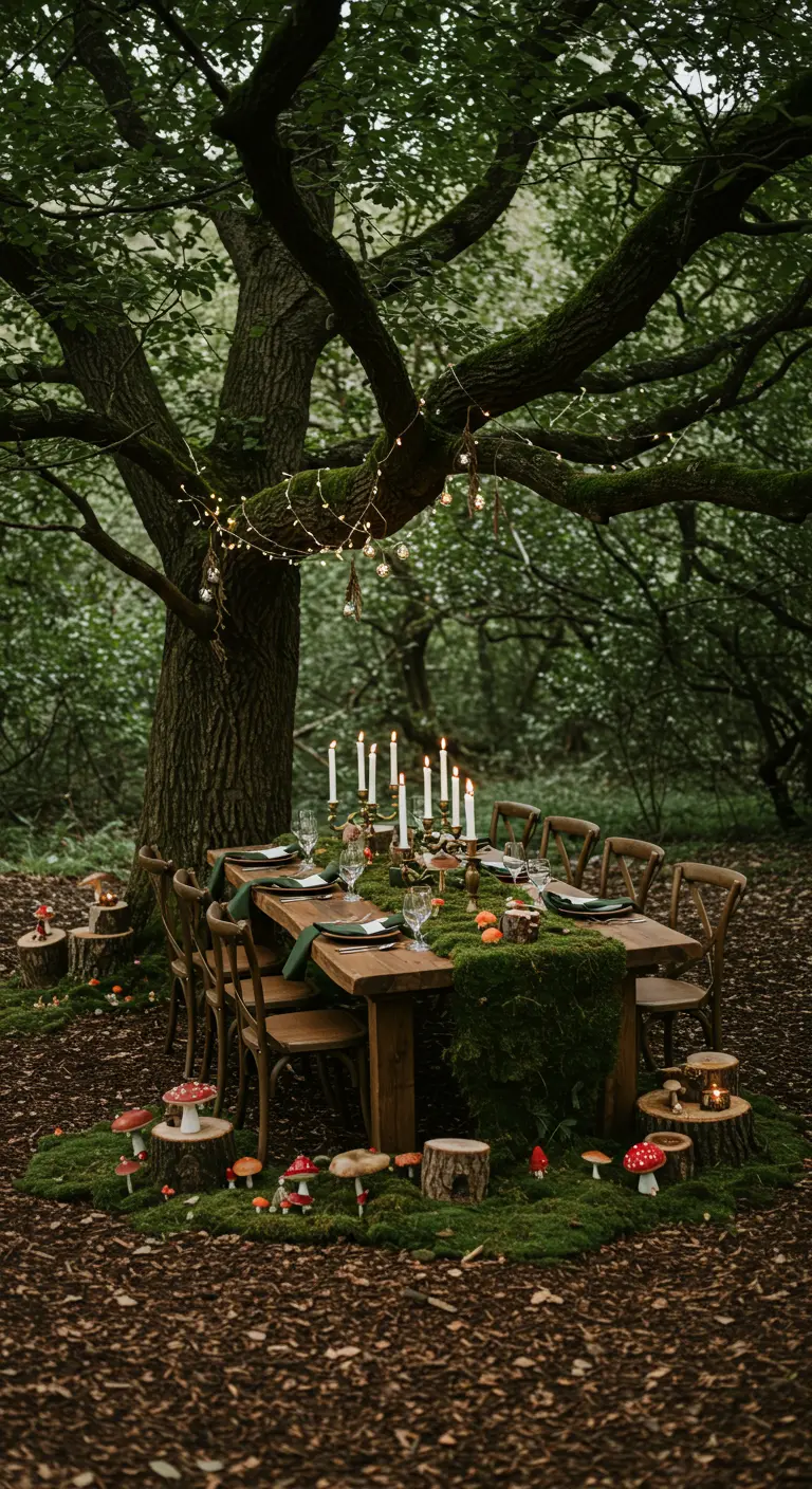 Ronde tafel onder een boom met mos, paddenstoelen, kaarsen en lichtslingers