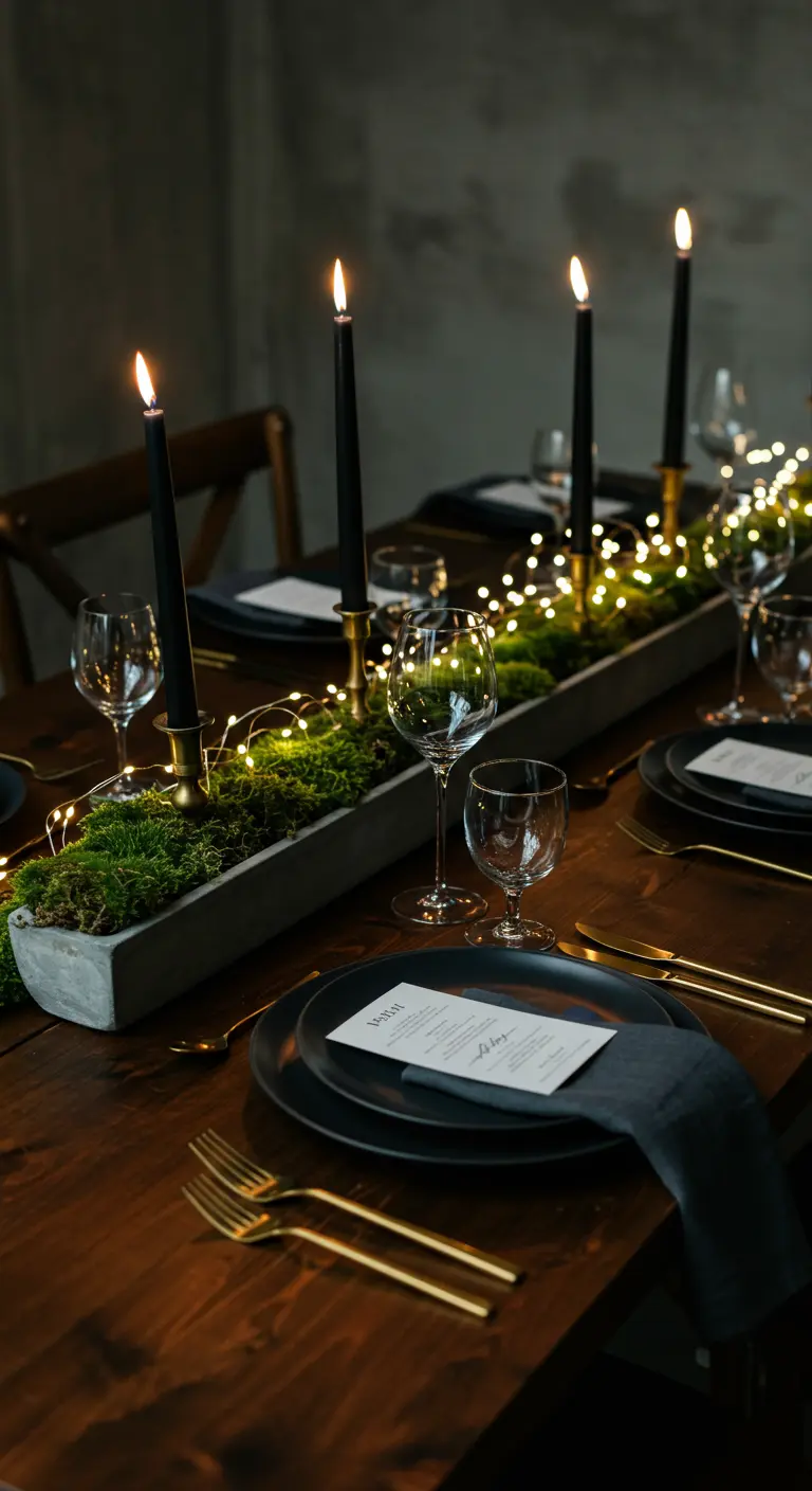 Donkere tafelsetting met mos, zwarte kaarsen en fairy lights.
