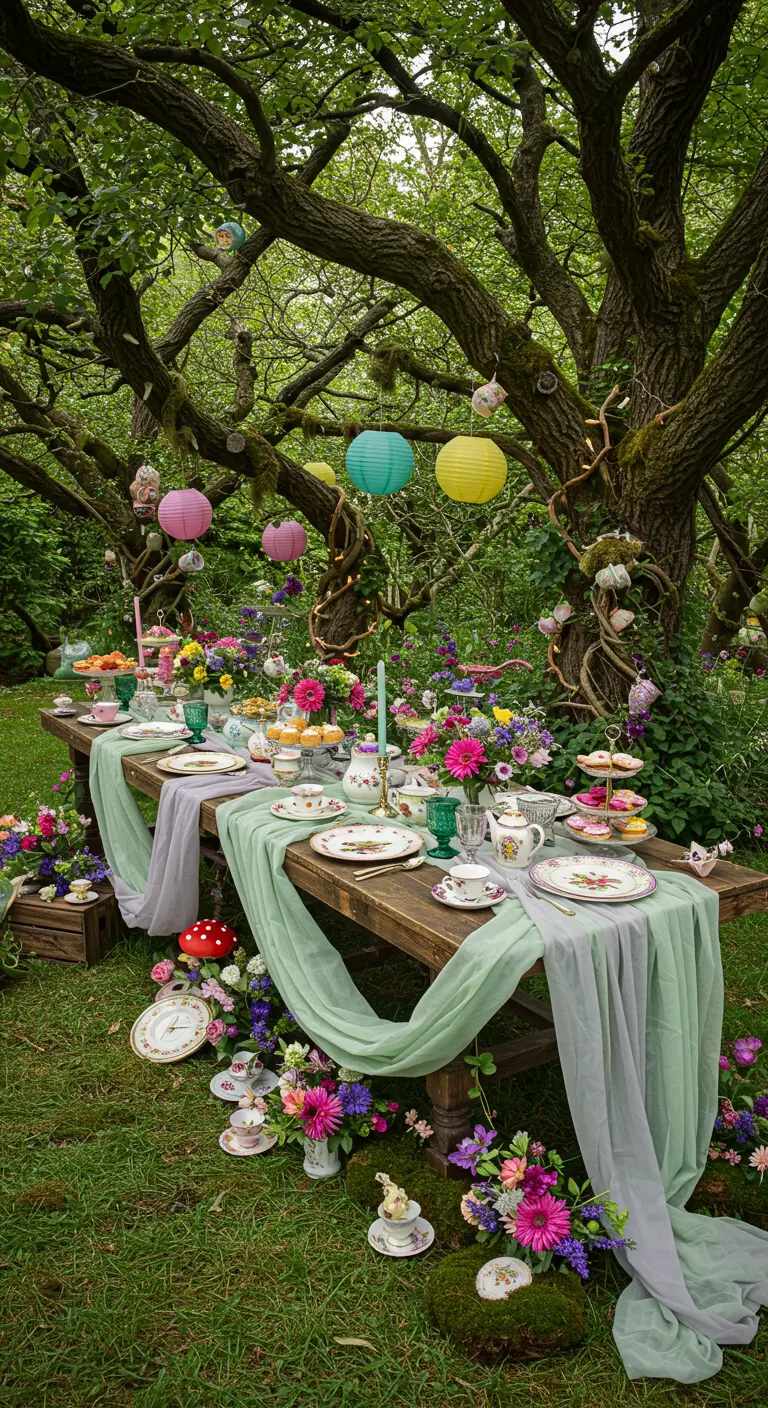 Buitentafel in een betoverd bos met kleurrijke lampionnen, bloemen en vintage servies.