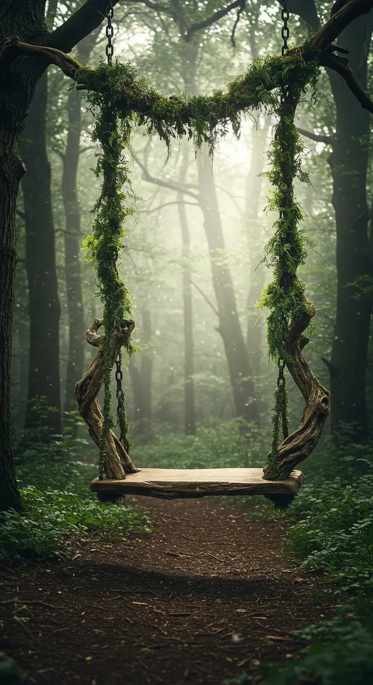 Organische houten schommel met mos en takken in mistig, betoverd bos.