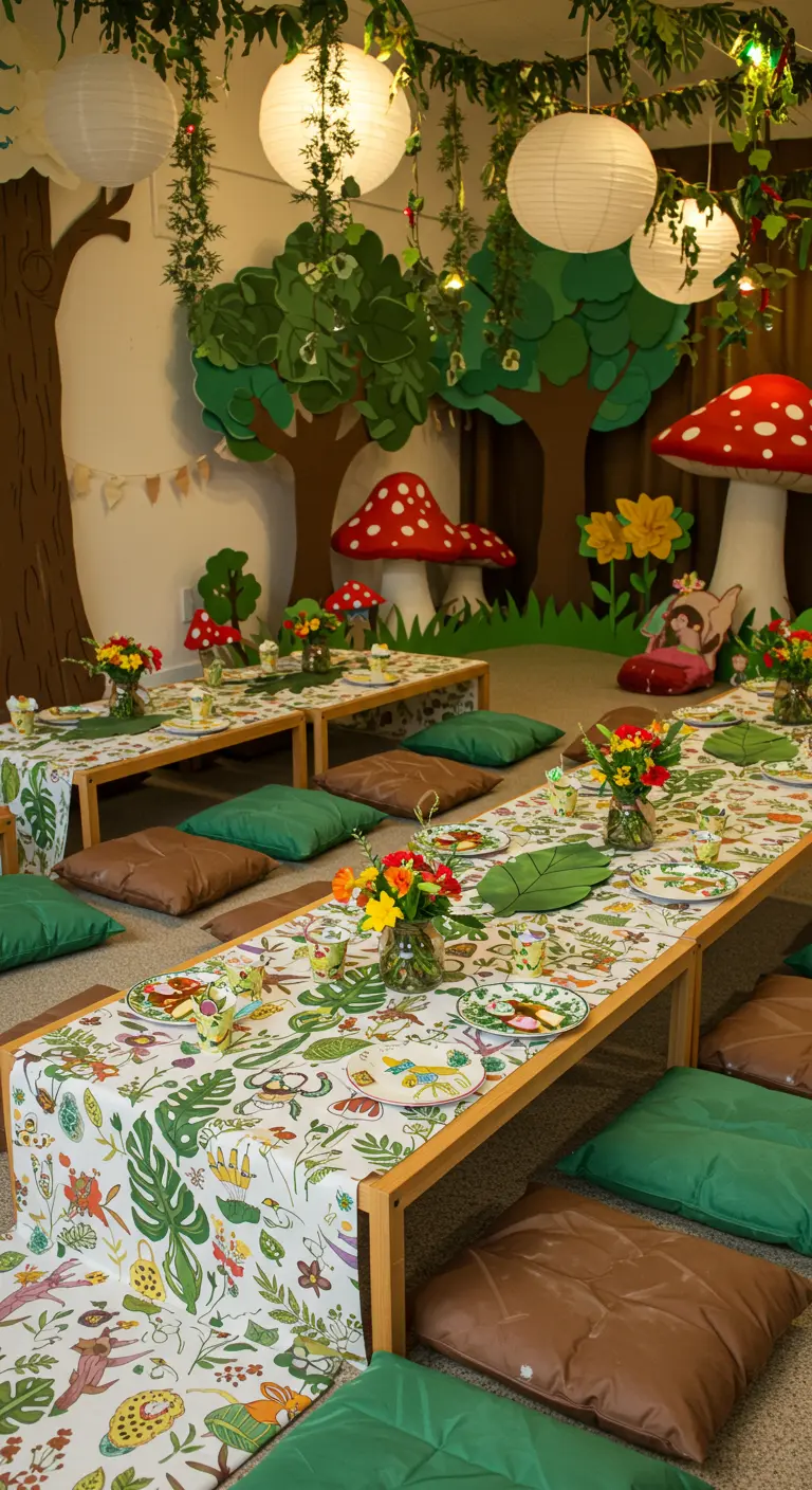 Kinderfeestje met bosthema, tafelloper met dierenprint en papieren paddenstoeldecoraties.
