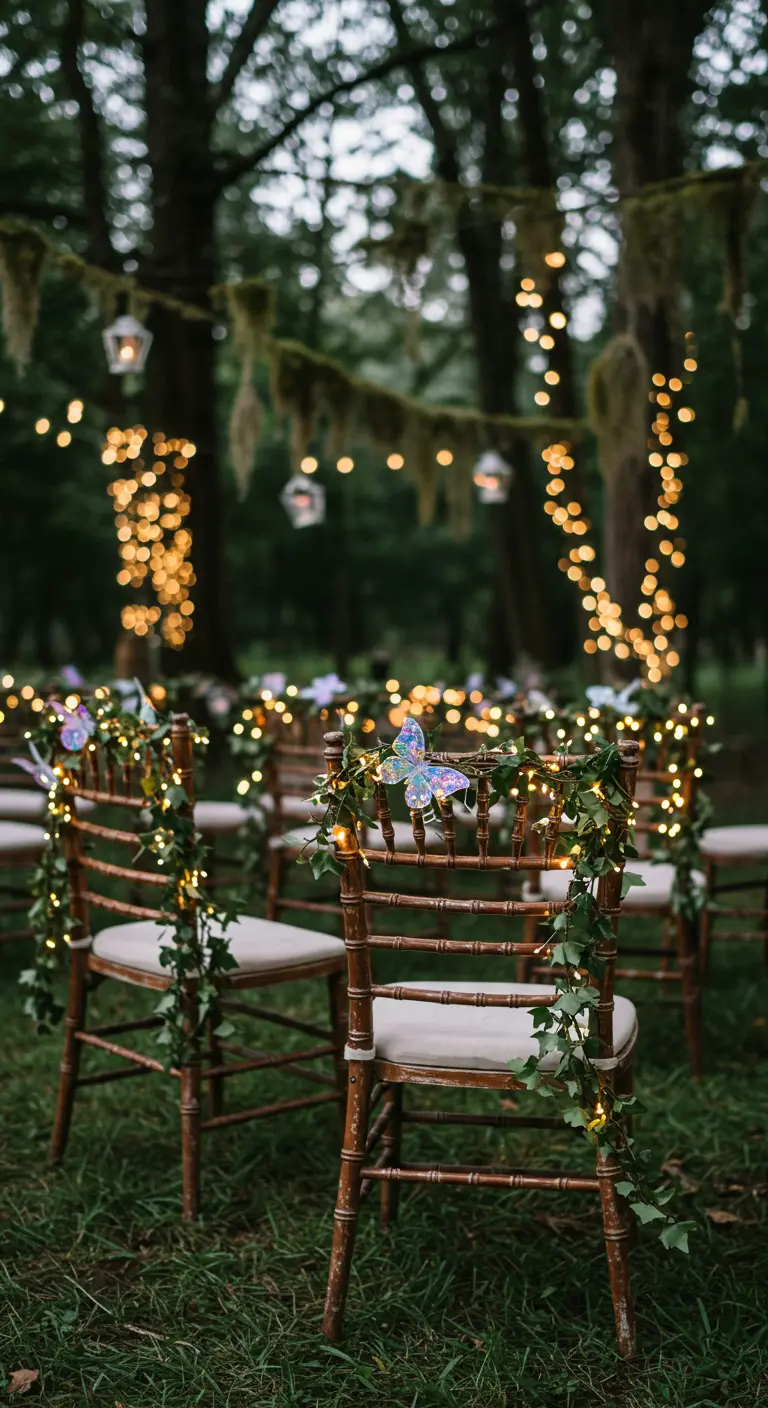 Houten stoel in een bosrijke setting, versierd met klimop, lichtjes en glittervlinders.
