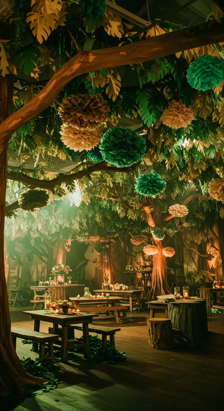 Feestlocatie gedecoreerd als een betoverd bos met papieren pompons en bladeren.
