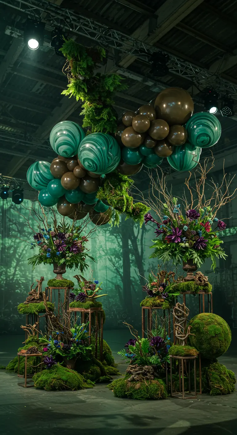 Donkergroene en bruine ballonnen gecombineerd met mos, takken en bloemen voor een bosthema.