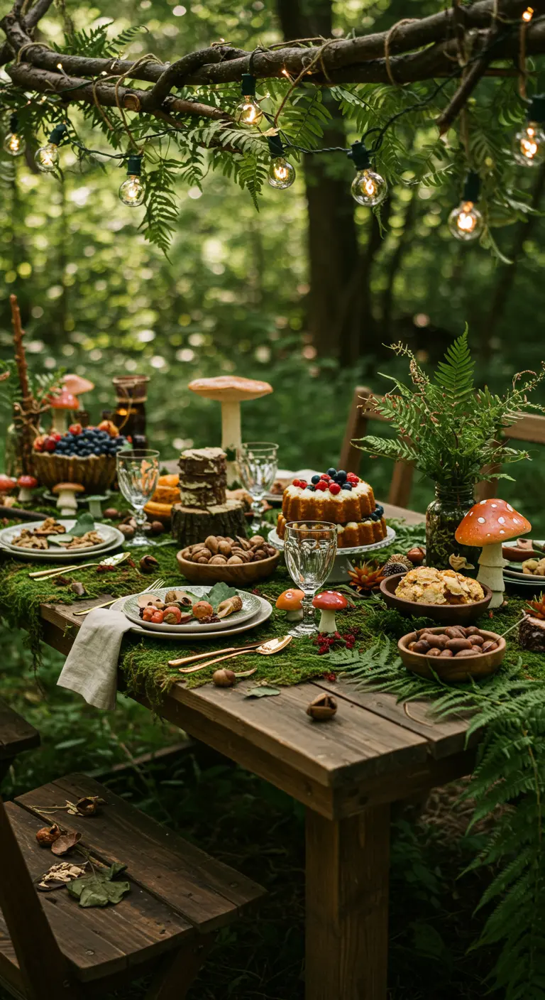 Sprookjesachtige bostafel met mos, varens, paddenstoelen en lichtslingers.
