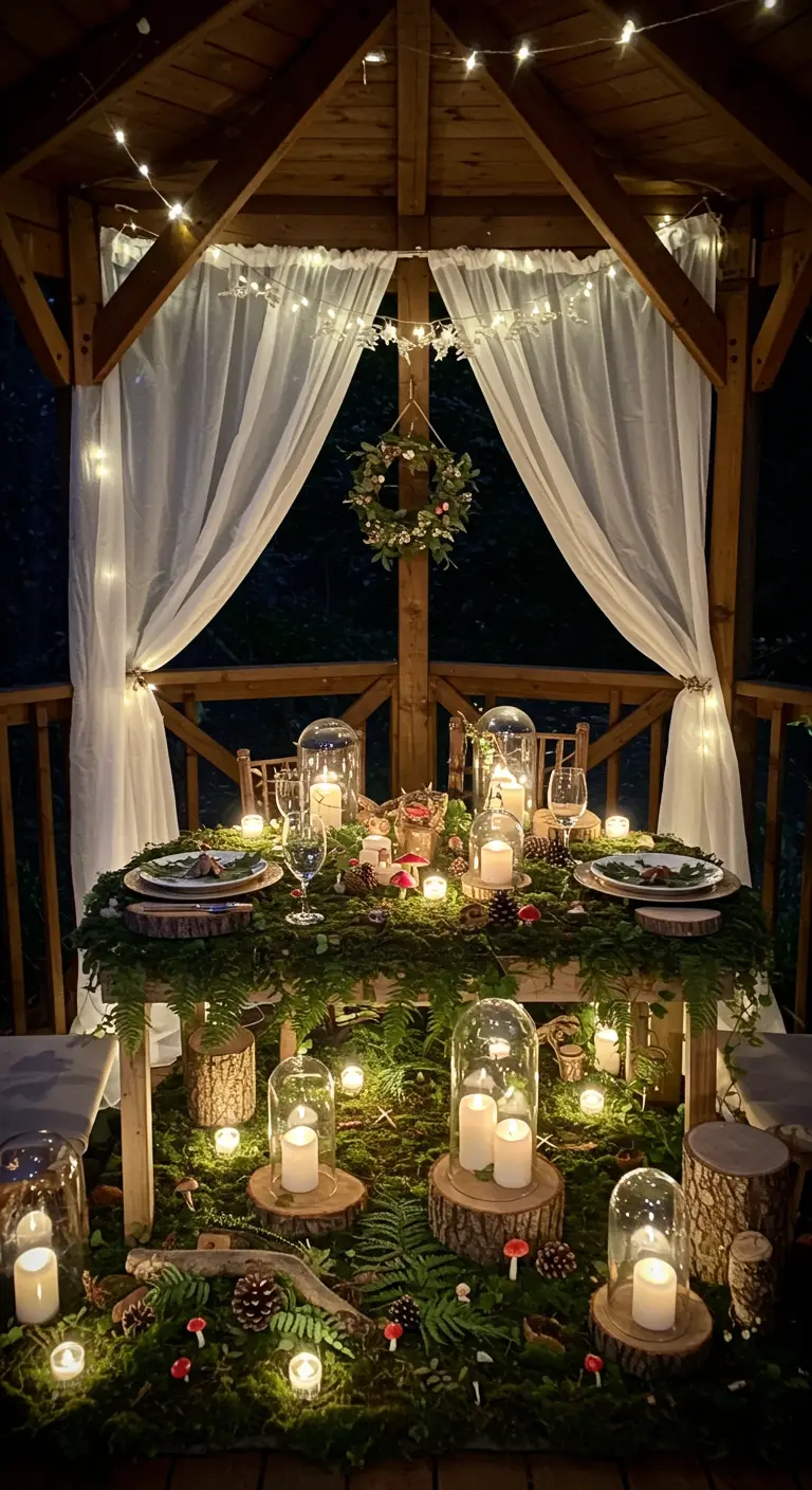 Houten paviljoen met verlichte gordijnen, mosdecoratie en veel kaarsen in cloches.